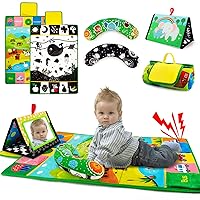 Tummy Time Mirror & Play Mat & Pillow 3-in-1, High Contrast Black and White Baby Toys, Activity Mat for Early Education, Newborn Infant Tummy Time Toy Set for 0 3 6 12 Month Crinkle/Squeake