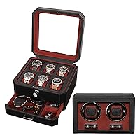 Gift Set 6 Slot Leather Watch Box with Valet Drawer & Matching Double Watch Winder - Luxury Watch Case Display Organizer, Locking Mens Jewelry Watches Holder, Men's Storage Boxes Glass Top Black/Red