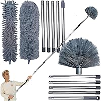20+ Feet High Reach Duster Kit with 3-14 ft Extension Pole for Cleaning Fan, Spider Web, High Ceiling, Blinds, Furniture, Cars - Cobweb Microfiber Duster // Outdoor & Indoor Extendable Duster