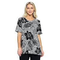 Jostar Women's Print Tunic Top - Short Sleeve Stretchy Vented Printed T Shirts Blouse