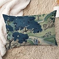 ArogGeld Asian Scenic Chic Chinoiserie Lumbar Cushion Cover Asian Dynasty Garden Throw Pillows Blue and Green Scenic Chinoiserie Cushion Case for Bedroom Sofa Couch 12x20in White Flax