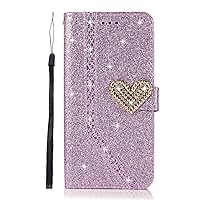 Guppy Compatible with iPhone 13 Pro Max Glitter Wallet Case for Women Girls Luxury Bling Diamond Rhinestone Heart with 2 Card Holder Wrist Strap PU Leather Slots Protective Cover Case 6.7 inch Purple