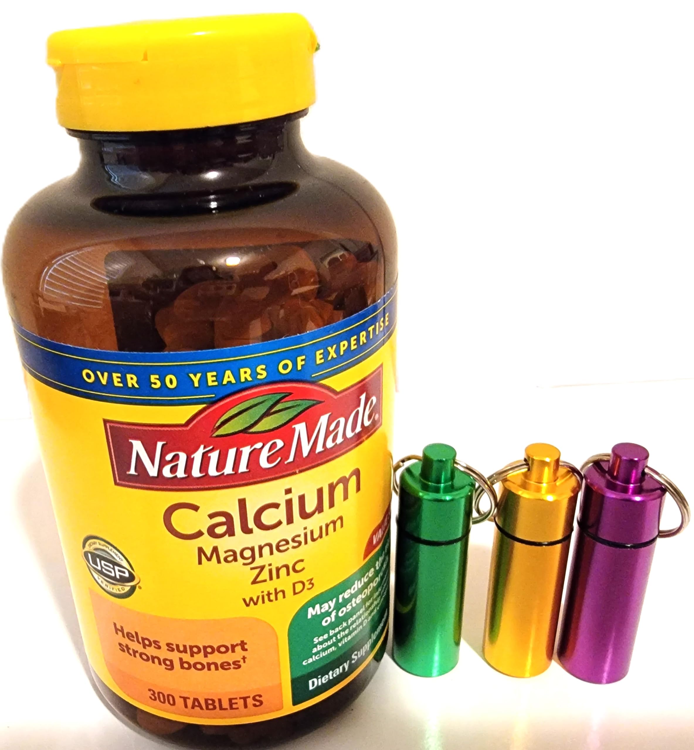 Nature Made Calcium Magnesium Zinc with Vitamin D3 300 Tablets with One Keychain Pill Holder (Assorted Colors)