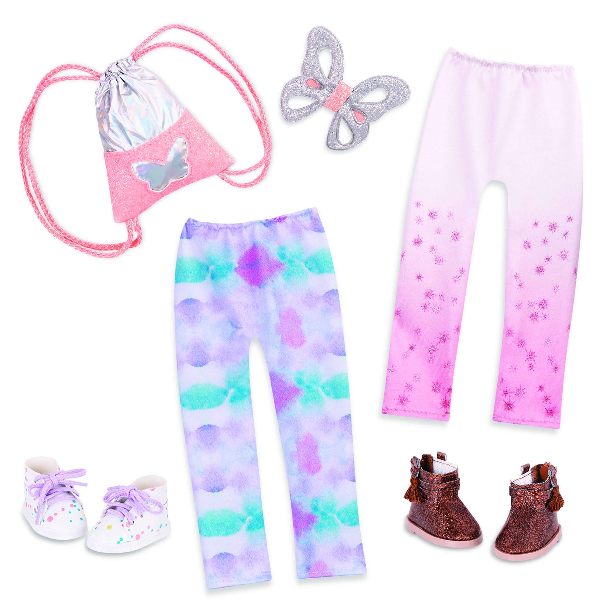 Glitter Girls – 14-inch Doll Clothes and Accessories – 2 Leggings, 2 Shoes, Butterfly Hair Clip, and Knapsack Fashion Pack – Butterflies & Dots – Toys for Kids Ages 3 and Up (Pink & Bl