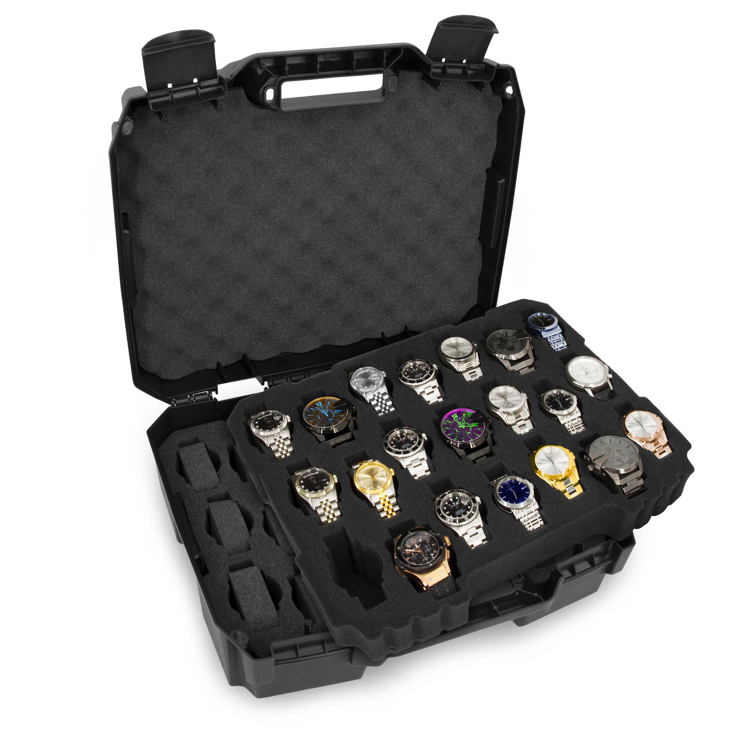 CASEMATIX Watch Travel Case With 42 Watch Roll Holder Slots- Impact Resistant Watch Case With Foam Watch Box Interior and Two Removable Display Trays, Watch Storage Fits 24mm to 56mm Faces