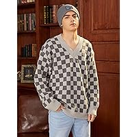 Sweaters for Men - Men Checkered Pattern Drop Shoulder Sweater (Color : Gray, Size : Large)