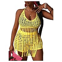 Women's Plus Size 2 Piece Crochet Swim Cover Up Set Fringe Hem Halter Beach Top and Shorts Coverups Beachwear