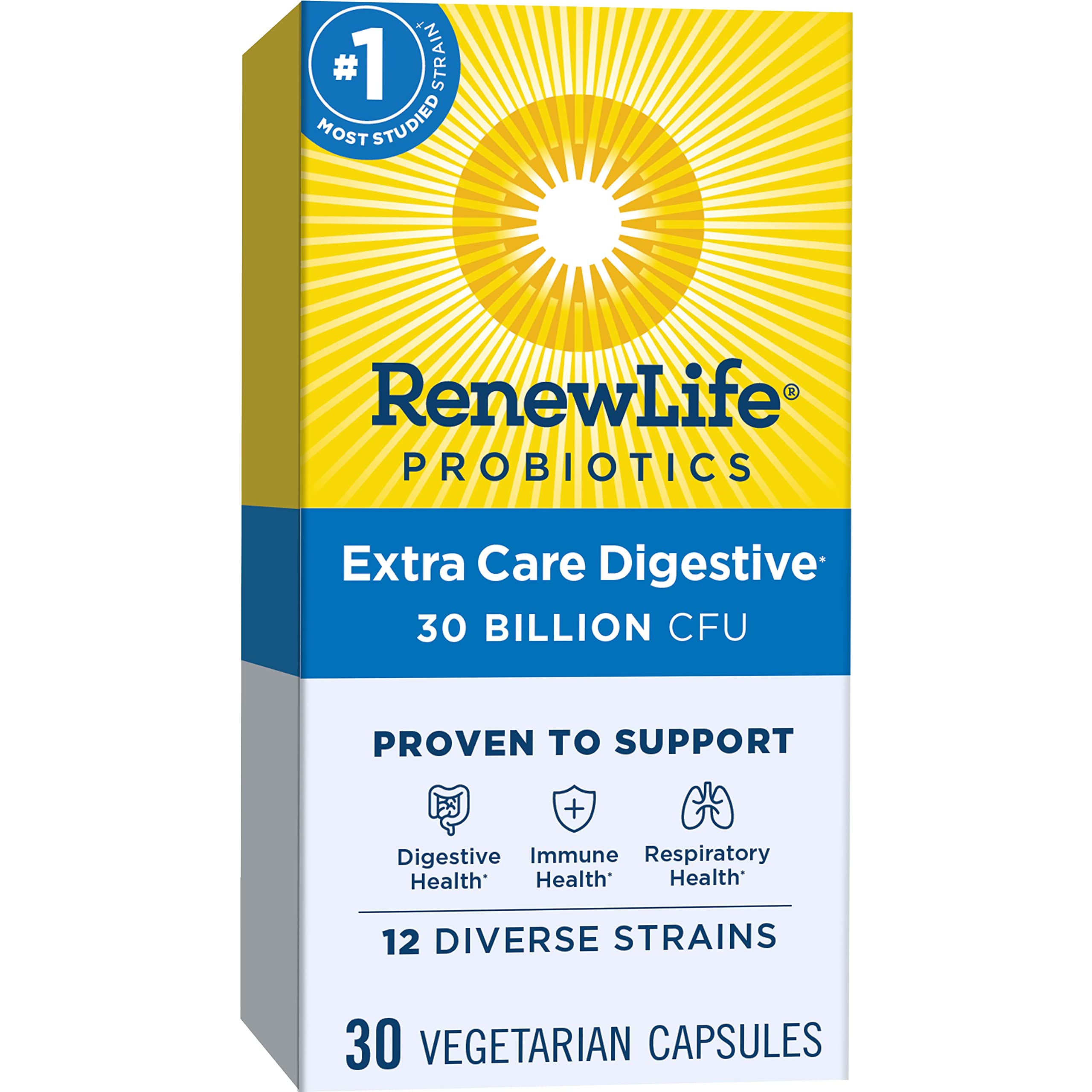 Renew Life Adult Probiotics, 30 Billion CFU Guaranteed, Probiotic Supplement for Digestive & Immune Health, Shelf Stable, Gluten Free, Extra Care, For Men & Women, 30 Capsules