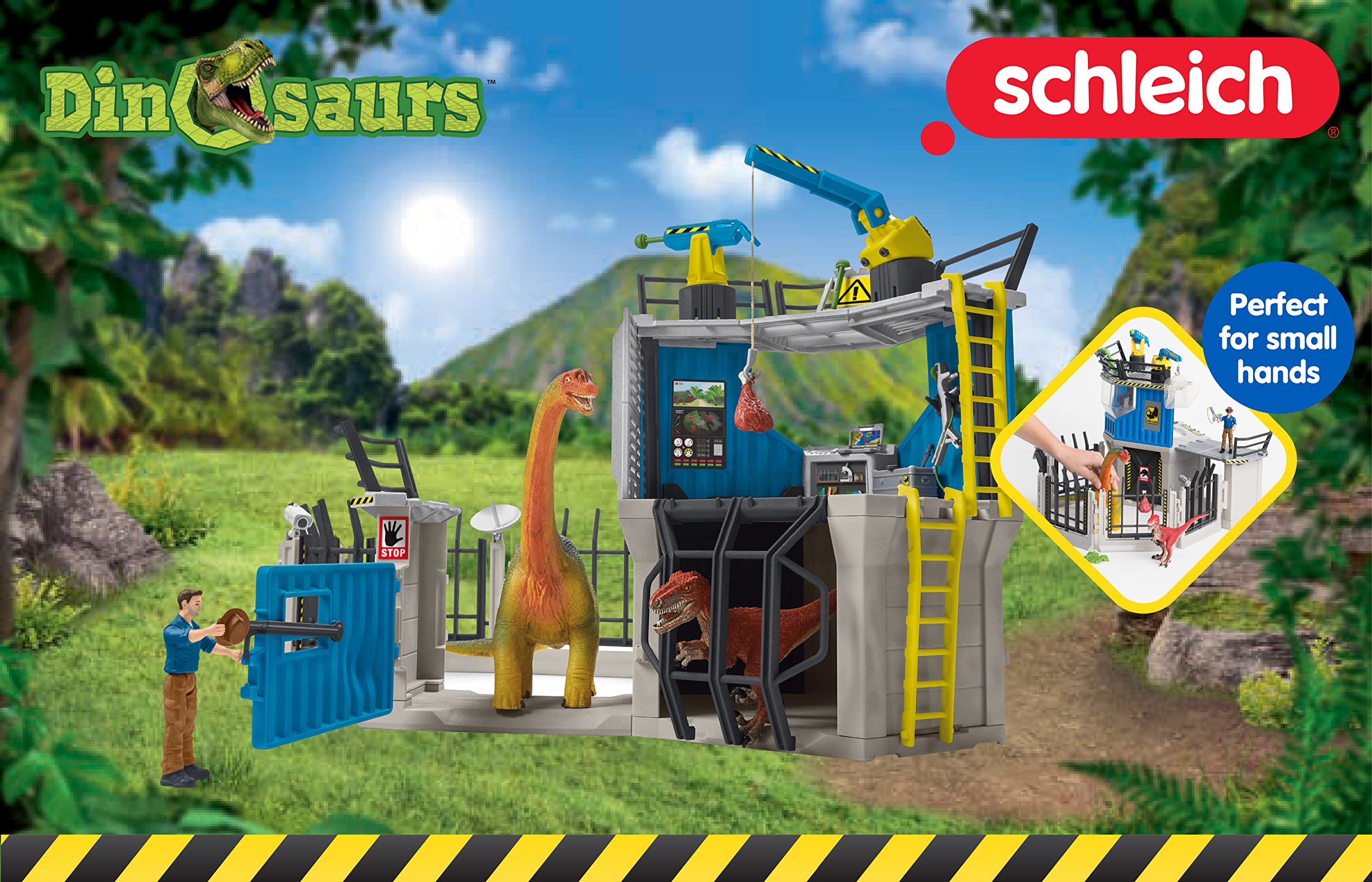 Schleich Dinosaur Toys Science Playset - 33-Piece Set Research Station with Brachiosaurus, Velociraptor, Men Scientist Action Figures, and Dart Cannon, Kids Figurines for Ages 4 and Above