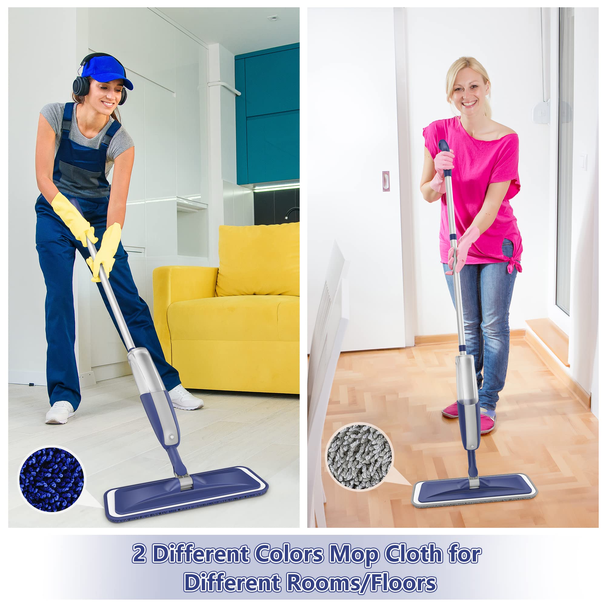 Wet Dust Mops for Floor Cleaning - MEXERRIS Microfiber Spray Mops 4X Reusable Mop Pads 2X Bottles Wood Floor Mop with Spray Dry Mops Flat Mop for Home Commercial Use Hardwood Laminate Tiles Floors
