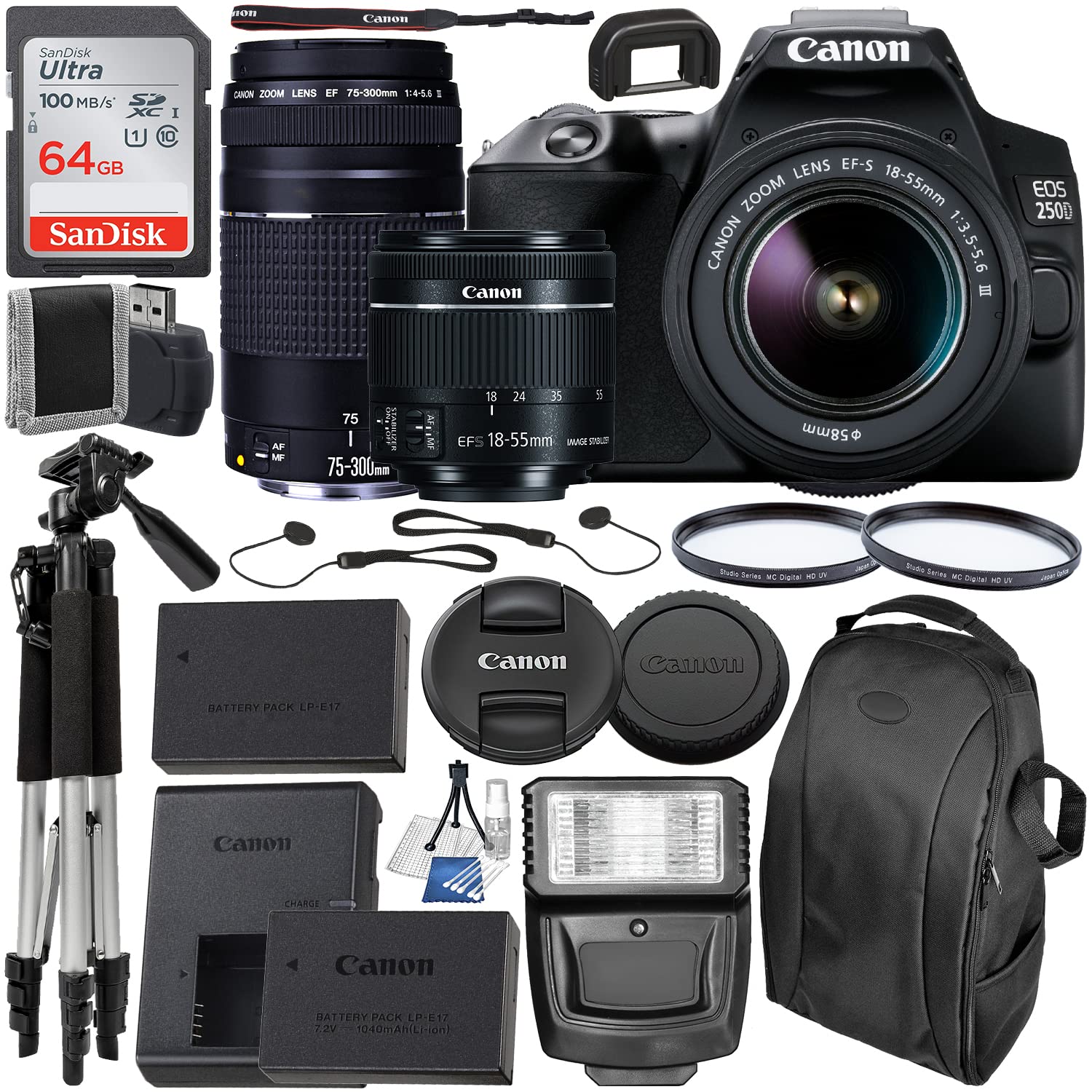Canon EOS 250D (Rebel SL3) DSLR Camera with 18-55mm & 75-300mm Canon Lenses + 64GB Card, Tripod, Flash, and More (20pc Bundle) Black compact