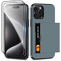 SAMONPOW for iPhone 15 Pro Case with Card Holder + 2 Tempered Glass Screen Protector [Upgraded] Heavy Duty Dual Layer Shockproof Hidden Card Slot Slim Wallet Case for iPhone 15 Pro 6.1 inch Dark Blue