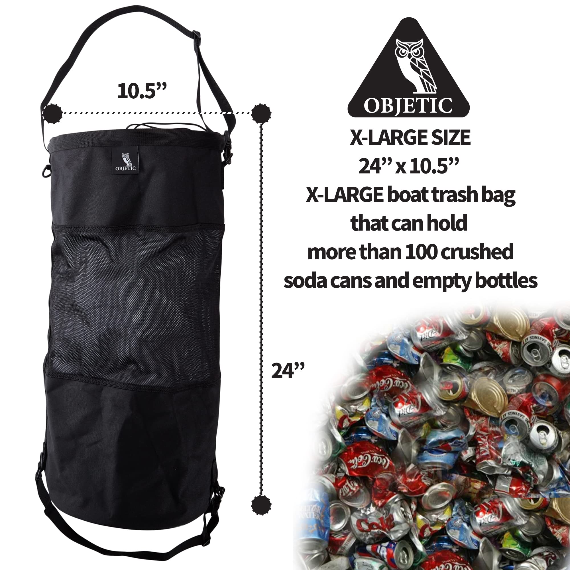 OBJETIC Boat Trash Bag for Easy Emptying Trash with Portable Mesh Trash Bag - Great for Avoiding Trash Flying on Boat, Kayak, Fishing, Camping - Collapsible Mesh Trash Can for Boat (Black)
