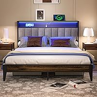 Queen Bed Frame, Queen Size Metal Platform with Storage & LED Light Headboard and 1 Type C & 2 USB Charging Station, No Box Spring Needed|Noise Free and Easy Assembly Tool