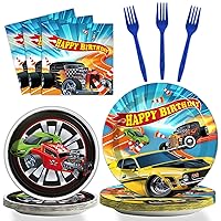 Tevxj 96 Pcs Racing Car Tableware Set Hot Car Birthday Dinnerware Disposable Plates Racing Car Plates Napkins Forks for Kids Boys Happy Birthday Party Decorations Supplies 24 guests