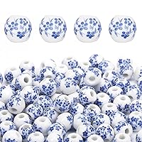 200Pcs Round Porcelain Beads Ceramic Loose Beads Handmade Porcelain Beads Printed Round Spacer Beads for DIY Jewelry Making Supplies Craft Beading Kit, Blue, 0.4inch
