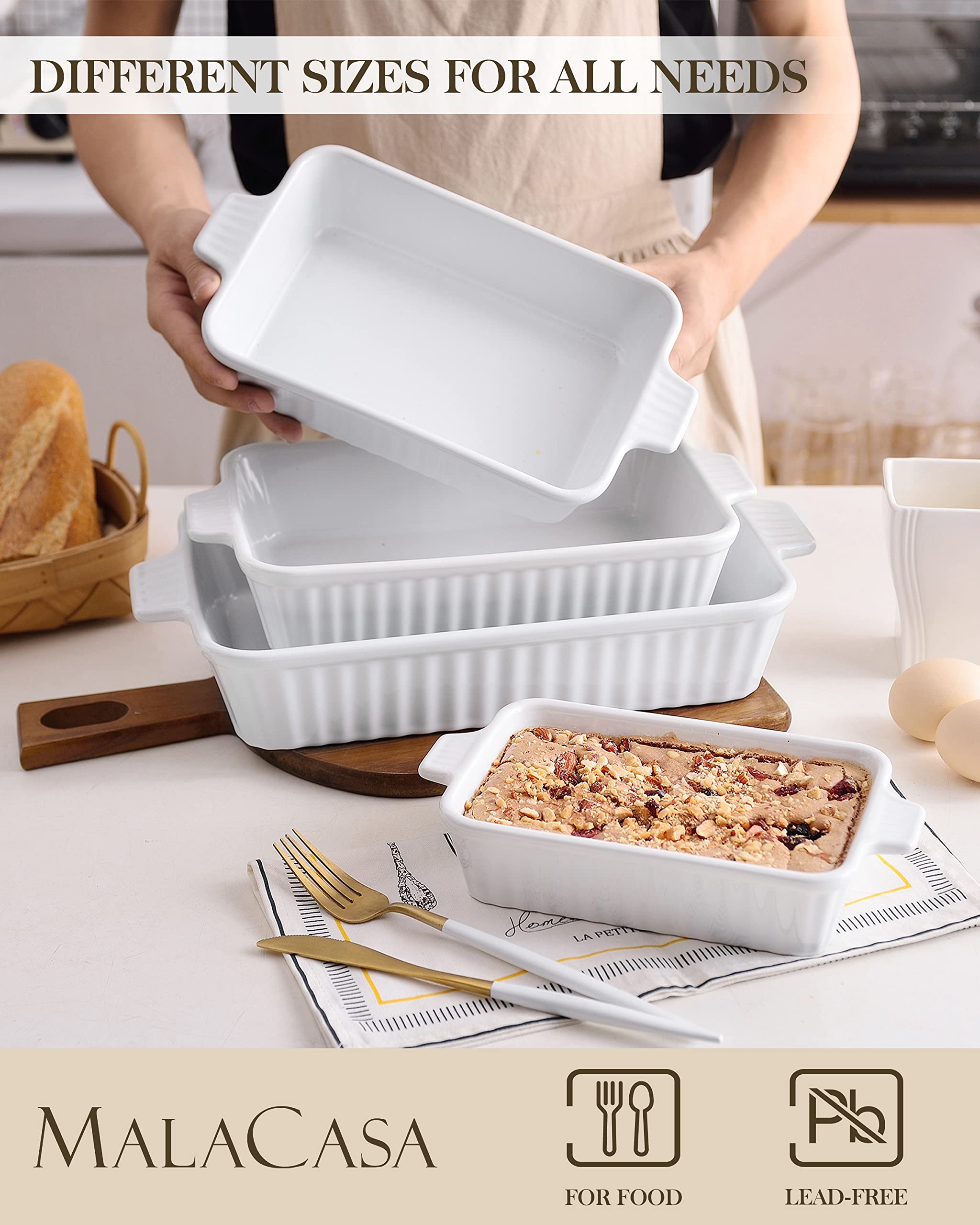 MALACASA Casserole Dishes for Oven, Porcelain Baking Dishes, Ceramic Bakeware Sets of 4, Rectangular Lasagna Pans Deep with Handles for Baking Cake Kitchen, White (9.4