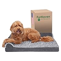 Furhaven Orthopedic Dog Bed for Large/Medium Dogs w/ Removable Bolsters & Washable Cover, For Dogs Up to 55 lbs - Two-Tone Plush Faux Fur & Suede L Shaped Chaise - Stone Gray, Large