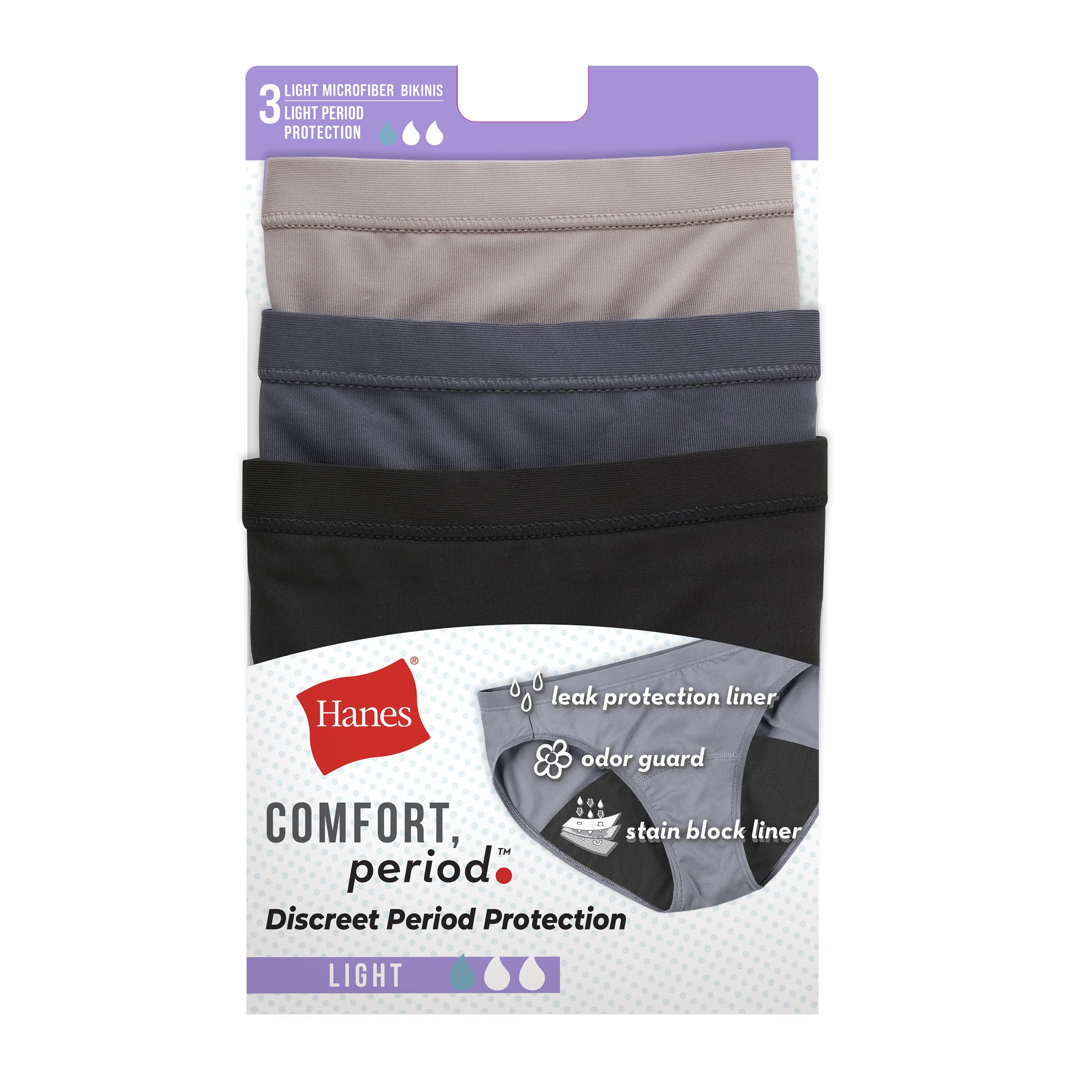 Hanes Women's Comfort, Period. Bikini Panties, Postpartum and Menstrual Leak Protection Underwear, Period Panties 3-Pack
