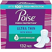 Poise Ultra Thin Incontinence Pads with Wings & Postpartum Incontinence Pads, 3 Drop Light Absorbency, Regular Length, 132 Count (3 Packs of 44), Packaging May Vary