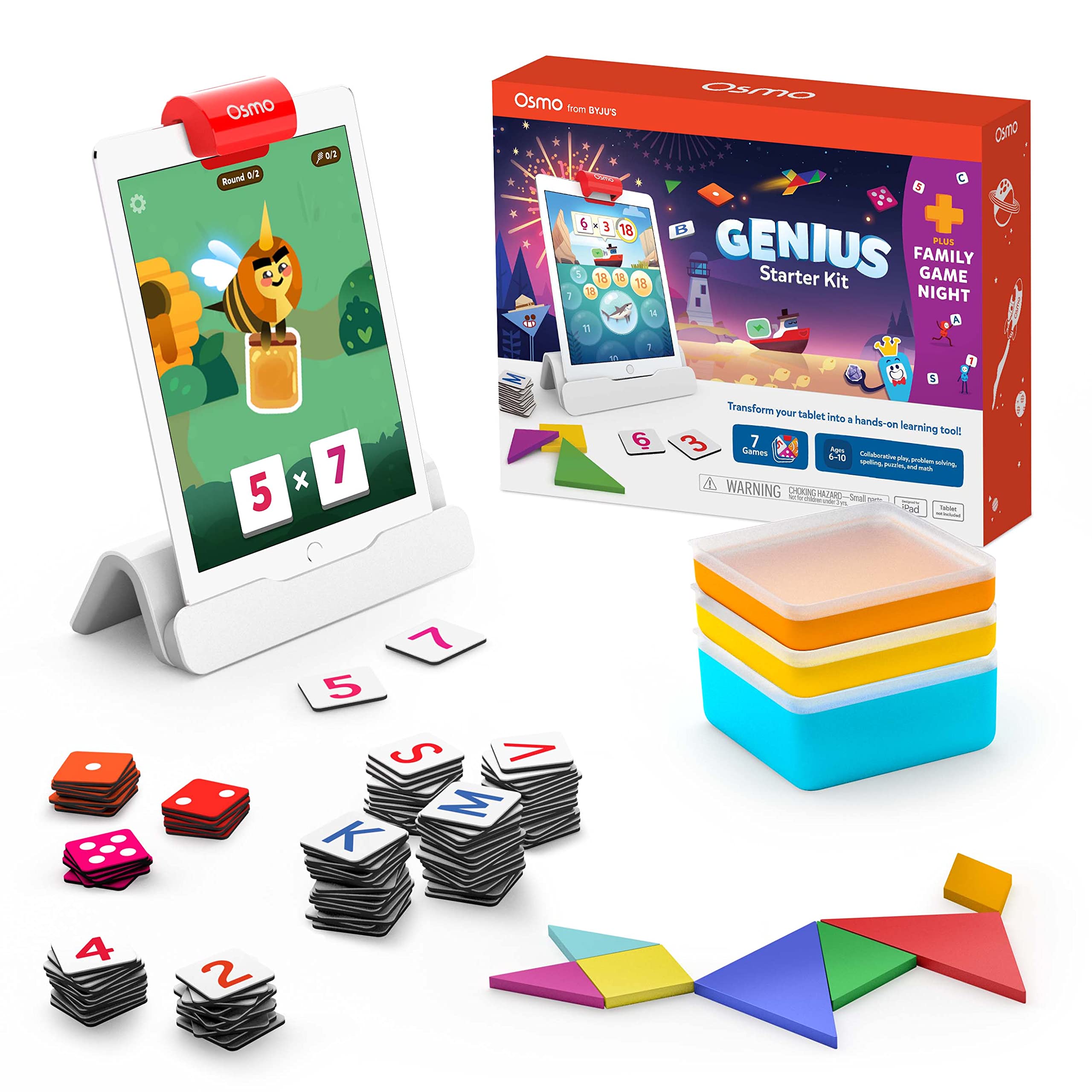 Osmo-Genius Starter Kit for iPad + Family Game Night-7 Educational Learning Games for Spelling & Math-Ages 6-10-STEM Toy Gifts for Kids-Boy &Girl-6 7 8 9 10(Osmo iPad Base Included - Amazon Exclusive)