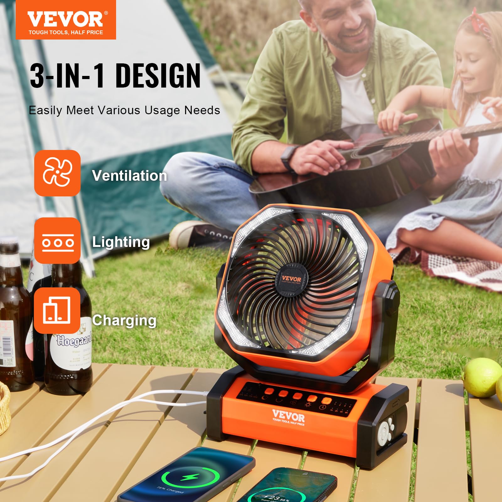 VEVOR 20,000mAh Camping Fan, 9 Inch Battery Operated Fan, Rechargeable Fan Portable with 4 Speeds, Auto Oscillating & Timer, Outdoor Tent Fan with Remote & Hook for Picnic, Barbecue, Fishing, Travel