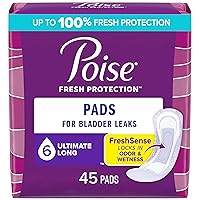 Poise Incontinence Pads & Postpartum Incontinence Pads, 6 Drop Ultimate Absorbency, Long Length, 45 Count, Packaging May Vary