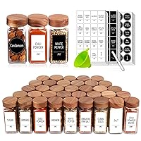 Churboro 48 Spice Jars with 547 Labels and Shaker Lids - Glass - 4 Oz Square Containers with Acacia Wood Lids, Chalk Pen, Funnel Seasoning Jars for Spice Rack, Cabinet, or Drawer