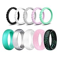 Silicone Wedding Ring Bands for Women 10 Pack Size 9 Womens Thin Stackable & Flash Powder Rubber Wedding Band Rings 5.7mm & 3mm Wide - Pink Black Teal Metallic White Grey Mint Green