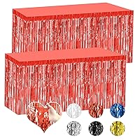 2 Pack 29.5x108 Inch Red Foil Tinsel Fringe Table Skirts, Disposable Table Skirts for Rectangle Tables Curtains Backdrop Parade Wedding Floats Baby Shower Birthday Mardi Gras Party