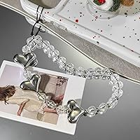 Heart Phone Charm, Women Fashion Acrylic Bead Cute Charms Mobile Phone Lanyard Strap with Anti Lost Phone Chain (Silver Heart)