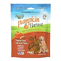 Emerald Pet Pumpkin Harvest Pumpkin Dog Treats — Low-Fat Chewy Natural Dog Treats with Pumpkin for Digestive Health — Meat Free, Poultry Free, Wheat Free Dog Treats — Sweet Potato, 6 oz
