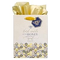 Christian Art Gifts Medium Portrait Inspirational Scripture Gift Bag, Tag & Wrapping Tissue Paper Set for Women: Kind Words are Like Honey Bible Verse, Soft White, Yellow, Gold & Navy, Cute Bumblebee