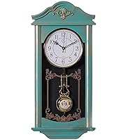 Large Vintage Grandfather Wood- Looking Plastic Pendulum Wall Clock for Living Room, Kitchen, or Dining Room, Large Blue with Gold Distressed Design