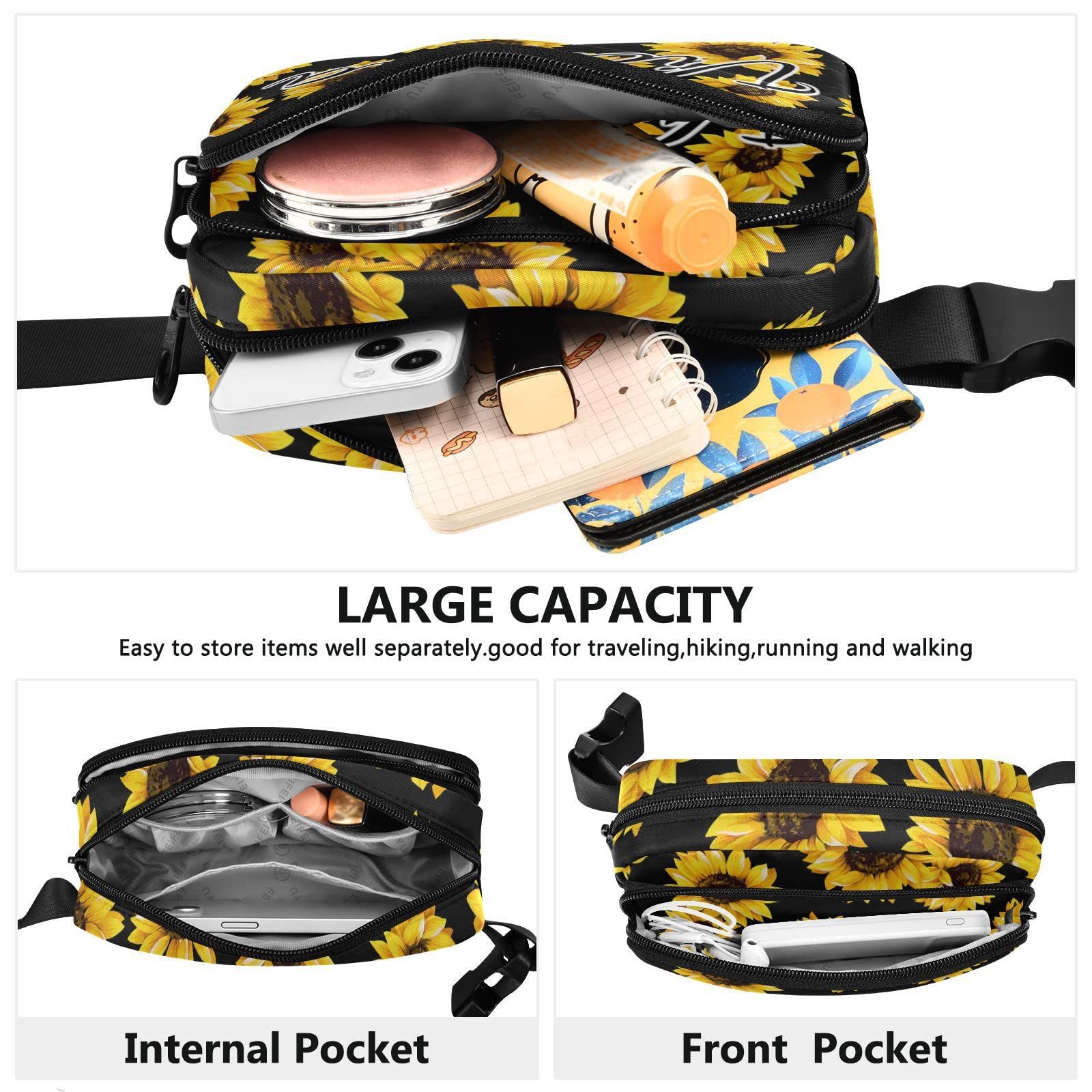Custom Black Sunflowers Fanny Packs for Women Men Personalized Belt Bag with Adjustable Strap Customized Fashion Waist Packs Crossbody Bag Waist Pouch for Sports Running