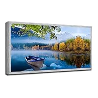 Arjun Lake Canvas Wall Art Blue Mountain Sky Nature Landscape Boat Picture Artwork Modern Scenic Painting for Living Room Bedroom Bathroom Home Office Wall Decor, Large Wood Grain Framed 40