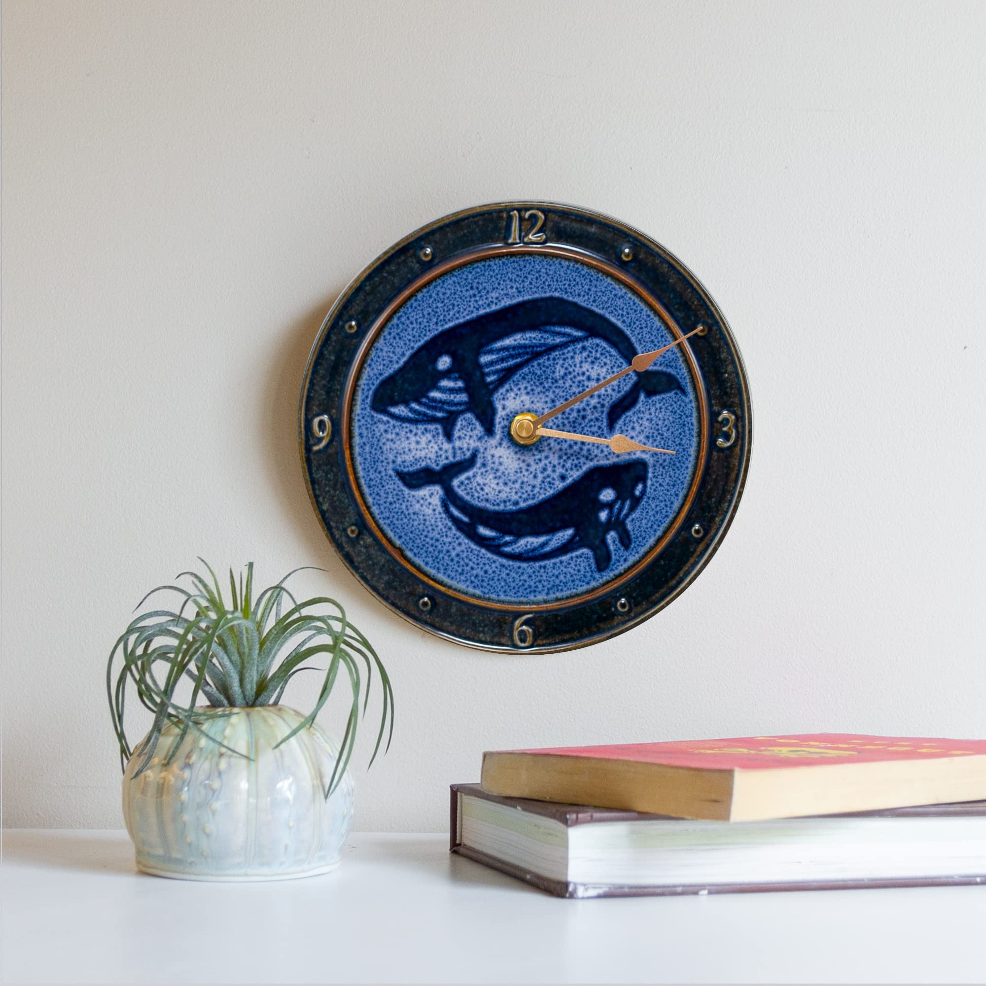 Georgetown Pottery Ceramic Large Wall Clock (8 inch) Handmade, Made in USA (Blue Whale)