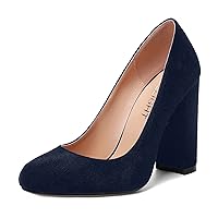 Womens Suede Office Round Toe Dress Slip On Chunky High Heel Pumps Shoes 4 Inch