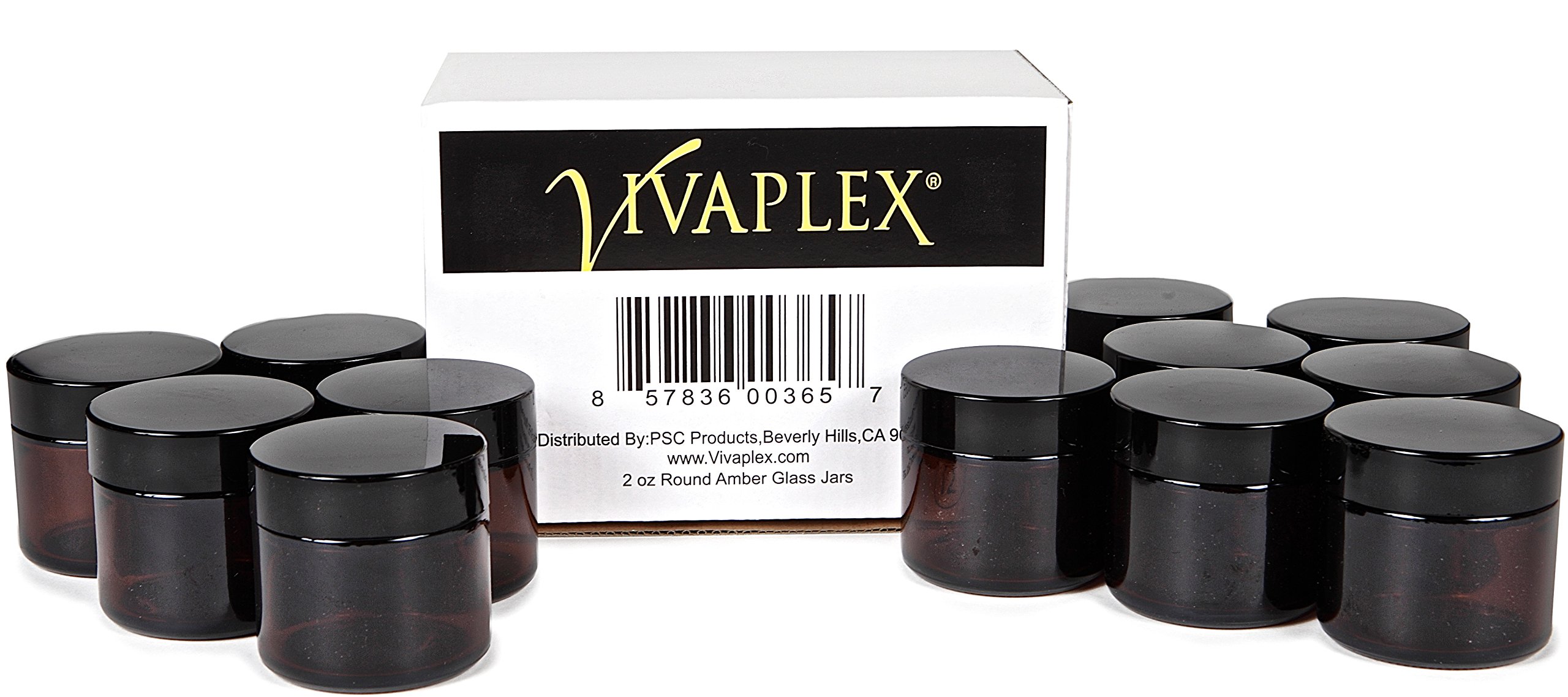 Vivaplex, 12, Amber, 2 oz, Round Glass Jars, with Inner Liners and black Lids