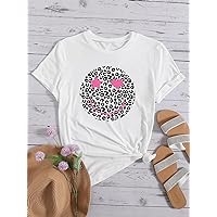 Women's Shirts Women's Tops Shirts for Women Leopard & Heart Print Tee (Color : White, Size : Large)