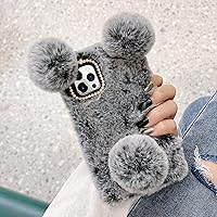 LUVI for iPhone 12 Pro Max Plush Furry Case Fuzzy Fluffy Ball Rabbit Fur Hair Cute Cartoon Bear Ear with Bling Glitter 3D Diamond Bowknot Camera Protection Cover for iPhone 12 Pro Max 6.7 inch Gray