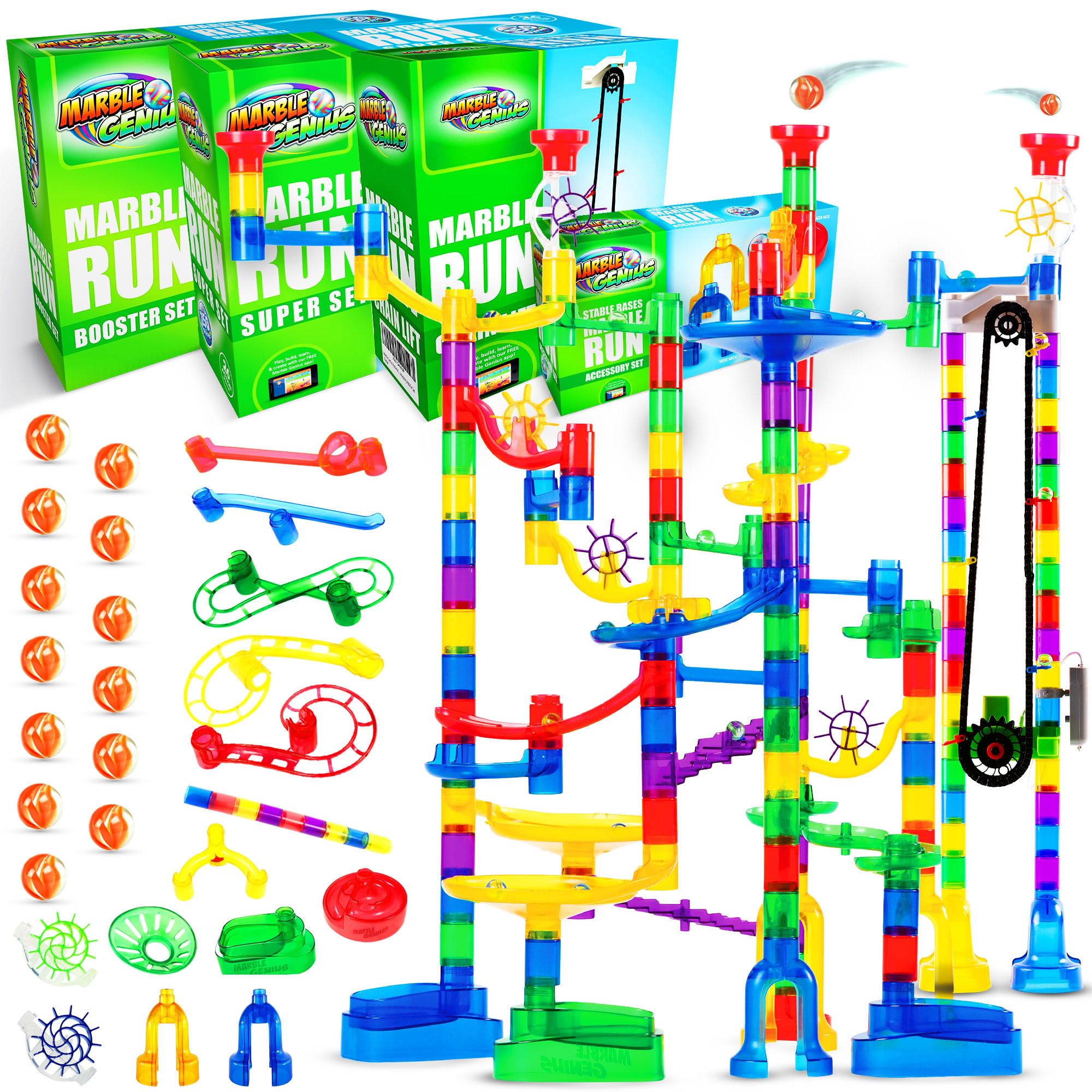 Marble Genius Bundle: Super Set (150 Pieces), Automatic Chain Lift, Primary Booster Set (20 Pieces), and Stable Bases (4 Pieces), Perfect for Kids and Adult Alike