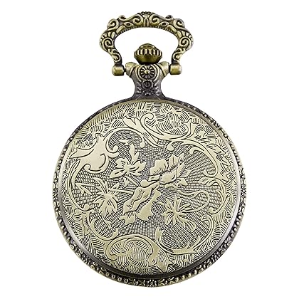 MORFONG Unisex Pocket Watch Quartz Skull Pattern Fob Watches Vintage Bronze with Chani & Box