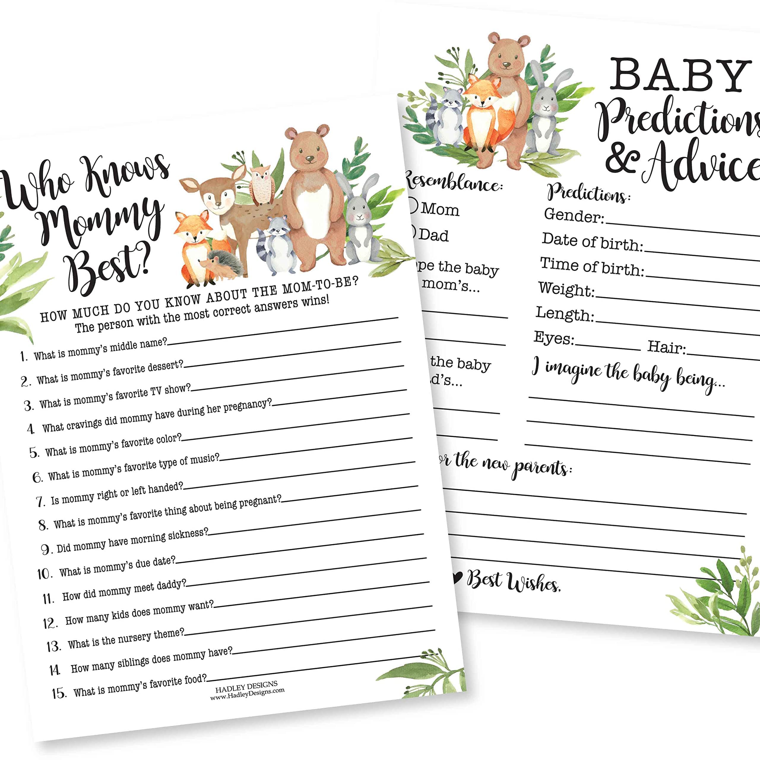 25 Woodland Animal Matching, 25 Nursery Rhyme Game, 25 Who Knows Mommy Best, 25 Baby Prediction And Advice Cards - 4 Double Sided Cards, Baby Shower Party Supplies