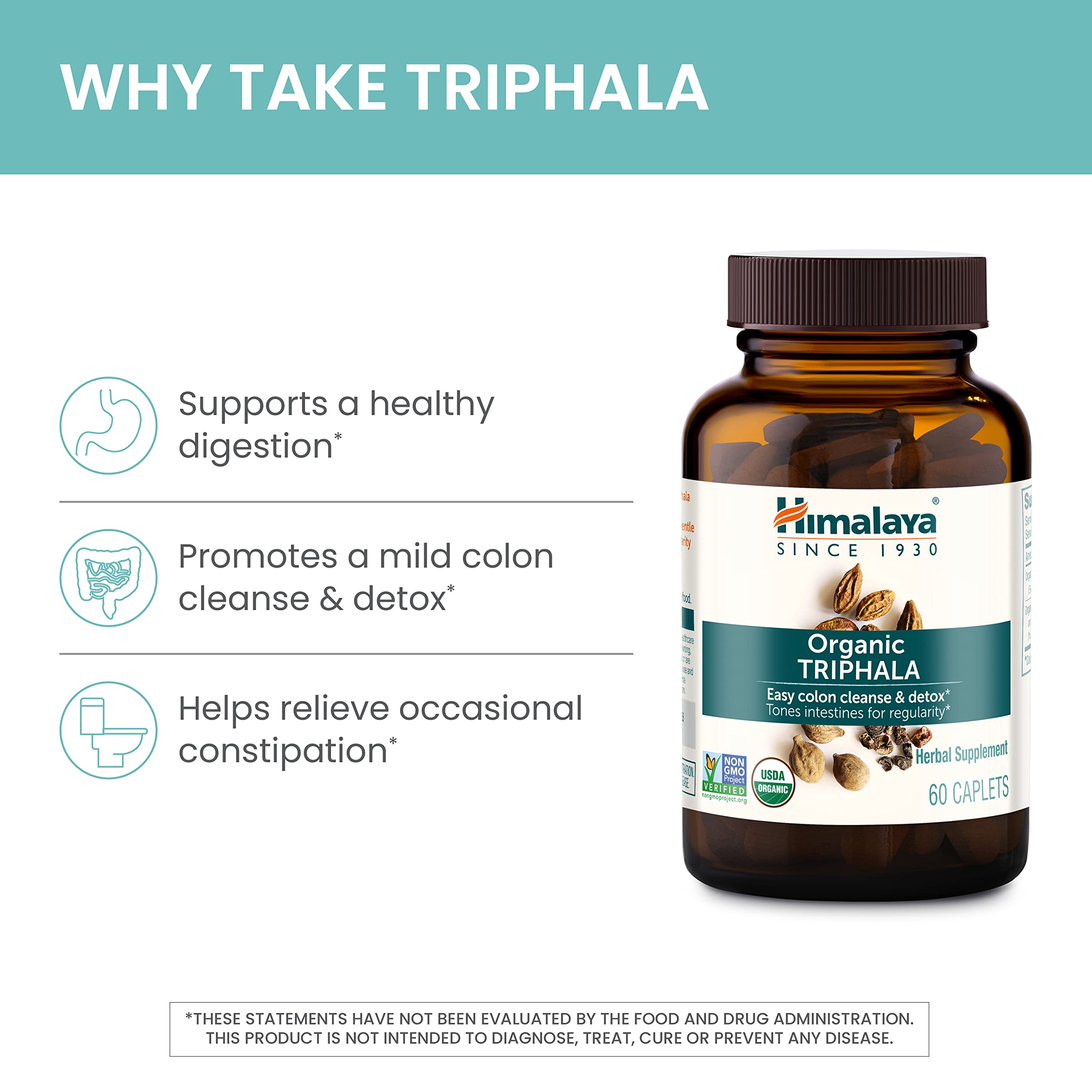 Himalaya Organic Triphala, Colon Cleanse & Digestive Supplement for Occasional Constipation, 688 mg, 60 Caplets, 2 Month Supply