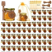 60 PACK 1.5 oz Mini Glass Honey Jar, Small Hexagonal Honey Jars with Wooden Dipper Gold Lid Bee Charms Gold Gift Bags and Rope for Baby Shower Wedding Party Favors