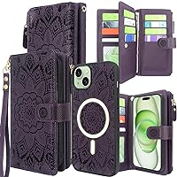 Harryshell Detachable Magnetic Case Wallet for iPhone 15 Plus / 14 Plus Compatible with MagSafe Wireless Charging Phone Cover Multi Card Slot Cash Coin Zipper Pocket Wrist Strap (Floral Deep Purple)