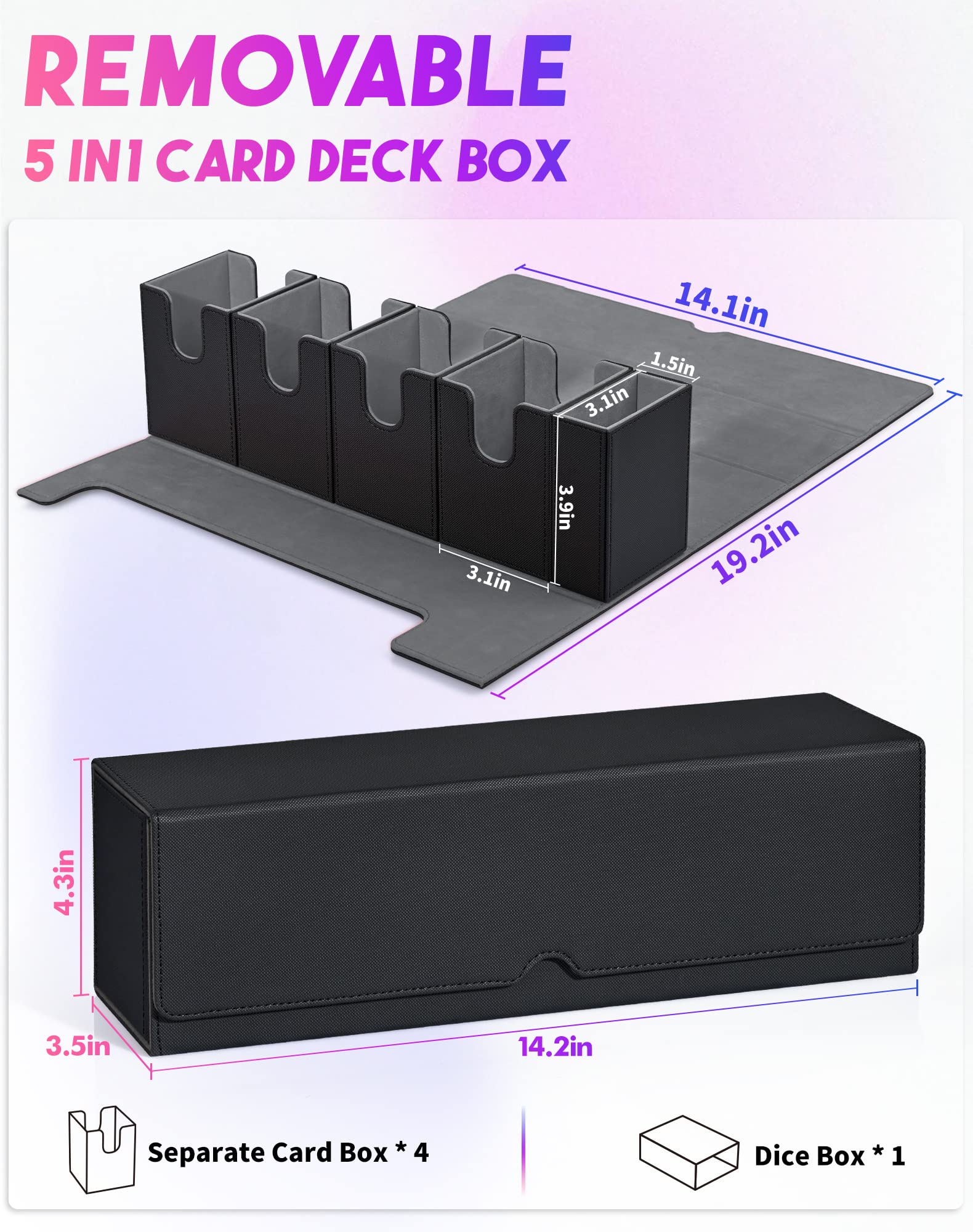 UAONO Card Storage Box with Dice Tray for MTG Yugioh, 5 in 1 Card Deck Case Holds 900+ Unsleeved Cards, Strong Magnet Card Organizer Compatible with Magic Commander TCG CCG Sports Cards (Black)