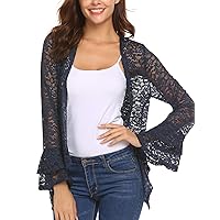 Deawell Lace Sweater Cardigan Womens Bell Sleeves Open Front Boho Jacket Swimsuit Coverup (Navy Blue, XL)