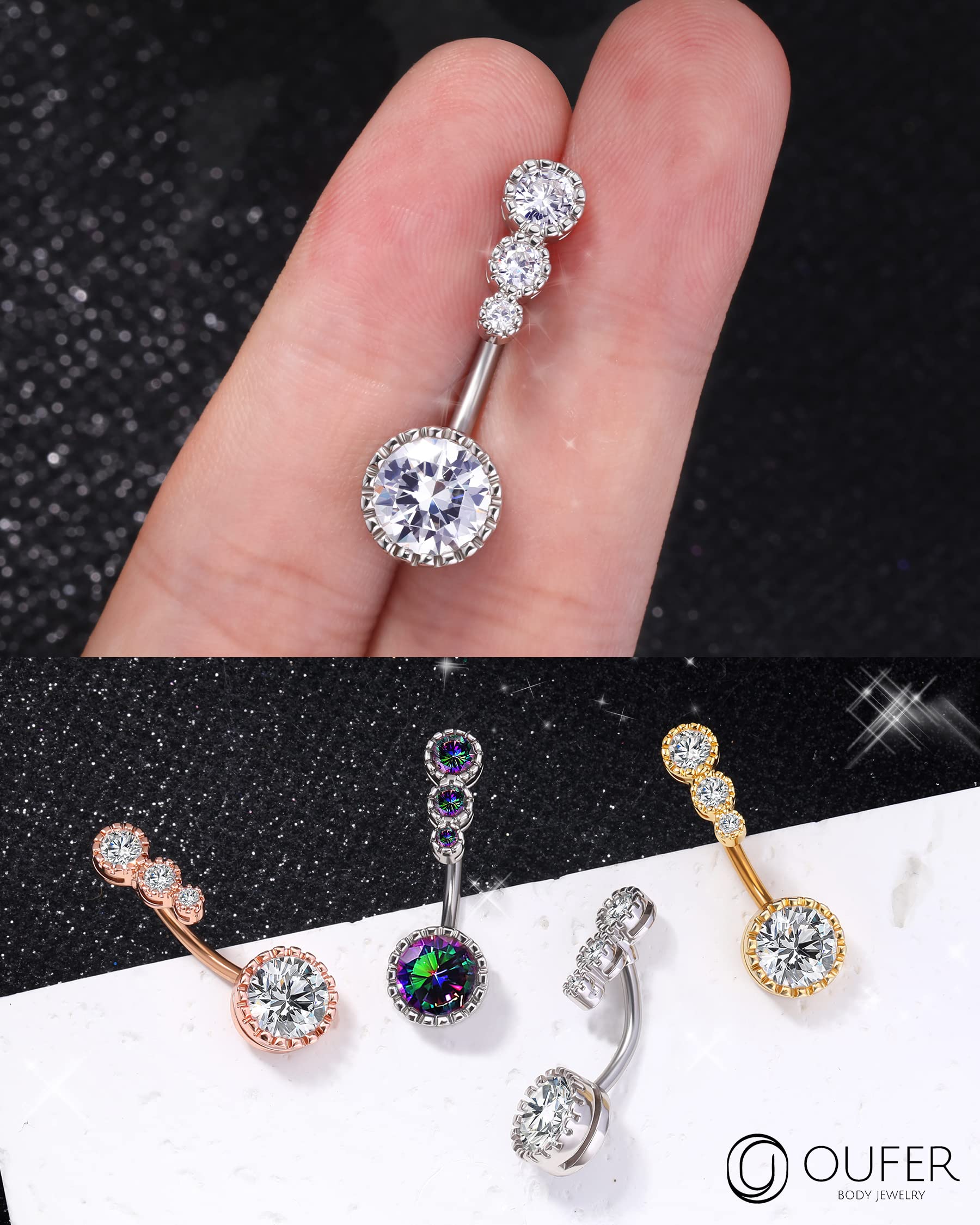 OUFER 316L Surgical Steel Belly Button Rings, Clear CZ Navel Rings, Belly Rings, Belly Navel Piercing Jewelry, Belly Piercing Jewelry